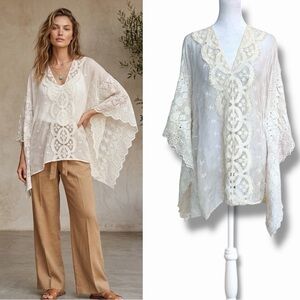Vintage Johnny Was 4 Love & Liberty Ivory Silk Lace Eyelet Boho Oversized Tunic